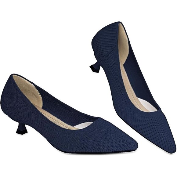 Women's  Navy Blue Kitten Heels Pumps Comfortable Knit Closed Toe Heels Casual - Picture 1 of 5